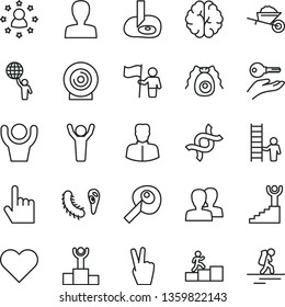 thin line vector icon set - woman vector, women, garden trolley, heart, index finger, lens, dna, brain, bactery, artifical insimination, winner podium, carrer stairway, man hold world, hands up