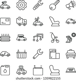 thin line vector icon set - truck lorry vector, toys over the cot, Baby chair, car child seat, summer stroller, motor vehicle present, key, pass card, delivery, big solar panel, modern gas station