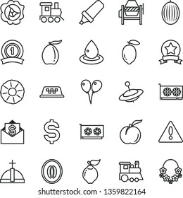 thin line vector icon set - warning vector, baby toy train, children's, yule, colored air balloons, concrete mixer, ripe peach, squash, quince, melon, loquat, half, lemon, slice of pineapple, star