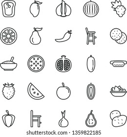 thin line vector icon set - a chair for feeding vector, child, mini hot dog, bowl of rice porridge, plate fruit, orange slice, biscuit, sandwich, half pomegranate, grape, tasty raspberry, mango, red