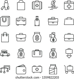 thin line vector icon set - briefcase vector, paper bag, first aid kit, toys over the cot, of a paramedic, medical, suitcase, with handles, package, wallet, money, dollars, hand, car baggage