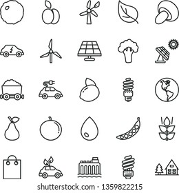 thin line vector icon set - saving light bulb vector, drop, porcini, cabbage, apple, pear, mint, tangerine, yellow lemon, peas, broccoli, solar panel, big, leaf, windmill, wind energy, planet Earth