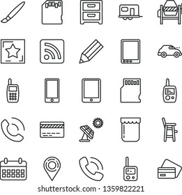 thin line vector icon set - tassel vector, bank card, rss feed, toy phone, mobile, a chair for feeding child, concrete mixer, smartphone, nightstand, call, jam, big solar panel, retro car, location