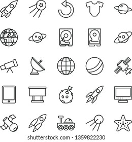 thin line vector icon set - monitor vector, counterclockwise, t short, bath ball, earth, artificial satellite, planet, billboard, rocket, tablet pc, hdd, telescope, antenna, saturn, lunar rover