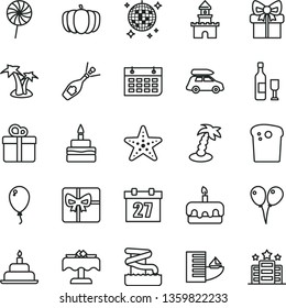 thin line vector icon set - daily calendar vector, colored air balloons, balloon, birthday cake, gift, Easter, torte, lollipop, pumpkin, wall, giftbox, sand castle, wine, champagne, car baggage