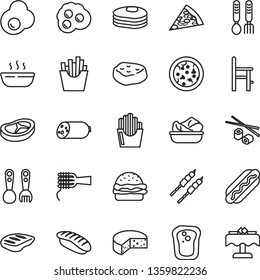thin line vector icon set - a chair for feeding vector, plastic fork spoons, iron, sausage, cheese, pizza, piece of, Hot Dog, burger, noodles, porridge, lettuce in plate, bacon, chop, barbecue, meat