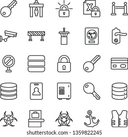 thin line vector icon set - prohibition vector, key, door knob, road fence, lock, anchor, big data, reverse side of a bank card, encrypting, biohazard, airport tower, rope barrier, identity, safe