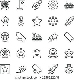 thin line vector icon set - add bookmark vector, remove label, star gear, space rocket, lunar rover, cup, reward, medal, flag, ribbon, dollar, stars around man, three, flying, disco ball, starfish