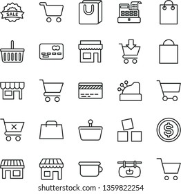 thin line vector icon set - paper bag vector, grocery basket, bank card, children's potty, cubes for children, cart, put in, crossed, with handles, kiosk, stall, shopping, front of the, dollar, hand