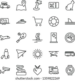 thin line vector icon set - plane vector, train, car baggage, camper, bus, hang glider, backpacker, passenger, ticket, beach, sun, palm tree, aquapark, medical room, tennis, pets, map, surveillance