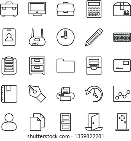 thin line vector icon set - graphite pencil vector, clean paper, calculator, graph, archive, suitcase, interroom door, wall clock, notebook, screen, nightstand, pass card, cardboard box, briefcase