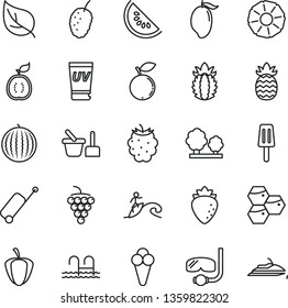 thin line vector icon set - toy sand set vector, popsicle, cone, honeycombs, large grape, raspberry, blackberry, blueberry, tasty mulberry, water melon, slice of, mango, half guawa, ripe pineapple