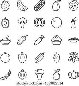 thin line vector icon set - Hot Dog vector, slices of onion, mushroom, muffin, a bowl buckwheat porridge, cabbage, cucumber, carrot, strawberries, half medlar, blackberry, blueberry, mulberry, slice