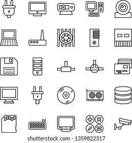 thin line vector icon set - floppy disk vector, monitor window, screen, cards, math actions, plug, electric, computer, notebook pc, radiator fan, keyboard, tower, gpu card, web camera, usb, router