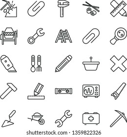 thin line vector icon set - clip vector, graphite pencil, cross, bag of a paramedic, iron fork spoons, garden trolley, building trowel, concrete mixer, hand saw, ladder, level, writing accessories