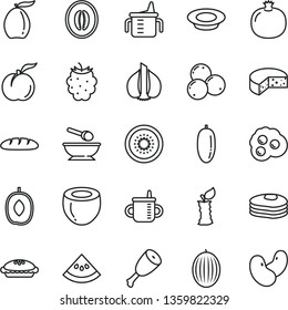 thin line vector icon set - mug for feeding vector, measuring cup, deep plate with a spoon, cheese, loaf, pie, of milk, chicken thigh, omelette, pancakes, ripe peach, pomegranate, blackberry, melon