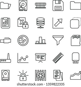 thin line vector icon set - floppy disk vector, graph, growth chart, big data server, copy, filter, statistical report, research, financial, radiator fan, encrypting, memory, hdd, router, usb flash