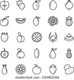 thin line vector icon set - a pineapple vector, apple, peach, ripe, grape, tasty, raspberry, rose hip, medlar, mango, water melon slice, date fruit, plum, half cherry, juicy lemon, lime, of passion