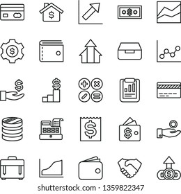 thin line vector icon set - bank card vector, purse, line chart, graph, growth, case, drawer, math actions, reverse side of a, column coins, statistical report, financial item, get wage, catch coin