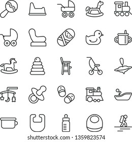 thin line vector icon set - toys over the cradle vector, dummy, mug for feeding, bottle, bib, baby, beanbag, chair, stroller, carriage, summer, duckling, children's bathroom, stacking rings, tumbler