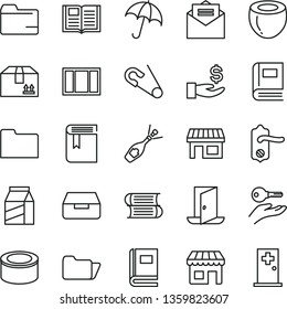 thin line vector icon set - folder vector, book, open pin, books, window frame, door knob, received letter, umbrella, drawer, cardboard box, package, canned goods, half of coconut, kiosk, stall