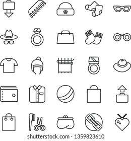 thin line vector icon set - paper bag vector, purse, spectacles, hat, with glasses, bath ball, accessories for a hairstyle, comb, warm socks, Knitted, winter, T shirt, folded, cloth industry, hand