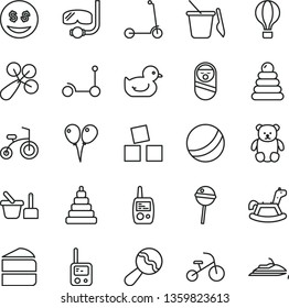 thin line vector icon set - beanbag vector, baby rattle, duckling, bath ball, stacking rings, toy, roly poly doll, phone, mobile, sand set, children's, small teddy bear, rocking horse, child bicycle