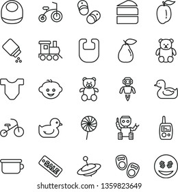 thin line vector icon set - baby powder vector, bib, Child T shirt, rubber duck, duckling, toy mobile phone, children's potty, teddy bear, small, hairdo, train, yule, bicycle, tricycle, lollipop
