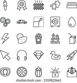 thin line vector icon set - lightning vector, rubber duck, packing of juice with a straw, Puzzle, brick, headphones, drop, strongbox, expand picture, cup popcorn, half passion fruit, ripe pineapple