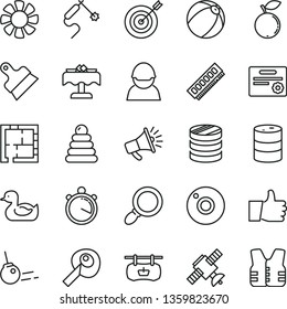 thin line vector icon set - camera vector, rubber duck, baby bath ball, stacking rings, laying out, putty knife, core, thumb up, blueberry, barrel, racer, gas welding, antique advertising signboard
