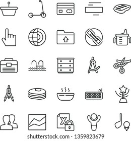 thin line vector icon set - spectacles vector, women, minus, line chart, upload folder, chest of drawers, measuring cup for feeding, child Kick scooter, portfolio, index finger, hot porridge, chop