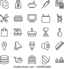 thin line vector icon set - bell vector, monitor window, comb, a chair for feeding child, baby toy train, small tools, calculation, no sound, torte, bowl of rice porridge, chicken, cone, onion, bag