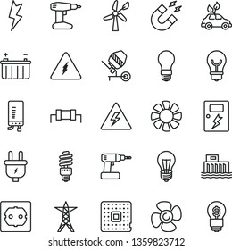 thin line vector icon set - danger of electricity vector, concrete mixer, cordless drill, power socket type f, lightning, dangers, electronic boiler, bulb, fan screw, wind energy, battery, light