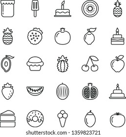 thin line vector icon set - cake vector, birthday, piece of, glazed with a hole, popsicle, cone, jam, strawberries, pineapple, cherry, pomegranate, half, quince, red apple, raspberry, melon, mango