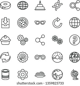 thin line vector icon set - renewal vector, clockwise, download archive data, question, birthday cake, gears, cogwheel, star gear, earth, tin, pizza, onion, muffin, with a hole, glazed, planet, dna