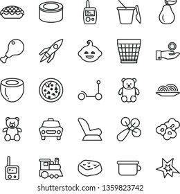 thin line vector icon set - wicker pot vector, baby rattle, car child seat, toy phone, mobile, children's sand set, potty, teddy bear, small, funny hairdo, train, Kick scooter, canned goods, pizza