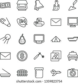 thin line vector icon set - bell vector, monitor, envelope, open pin, bath, building trowel, plastic brush, fence, picture, car, 24, artificial satellite, jam, part of guava, welding, dollar, tent