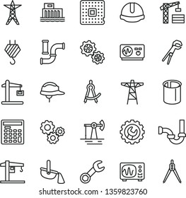 thin line vector icon set - crane vector, tower, hook, adjustable wrench, sewerage, construction helmet, gear, working oil derrick, water pipes, hydroelectric station, power line, pole, gears