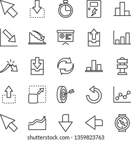 thin line vector icon set - downward direction vector, left, renewal, counterclockwise, bar chart, graph, negative, upload archive data, download, dangers, timer, expand picture, move up, down