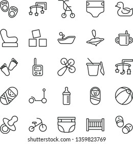 thin line vector icon set - baby cot vector, toys over the cradle, dummy, mug for feeding, measuring bottle, diaper, nappy, rattle, chair, sitting stroller, rubber duck, bath ball, roly poly doll