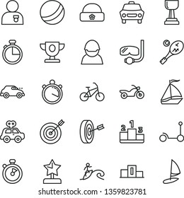 thin line vector icon set - bath ball vector, motor vehicle present, Kick scooter, warm hat, timer, car, pedestal, racer, retro, stopwatch, prize, gold cup, star reward, man with medal, target, bike