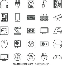 thin line vector icon set - camera vector, power socket type f, plummet, faucet mixer, headphones, screen, smartphone, lens, plug, electric, assembly robot, cast iron radiator, fan, mouse, keyboard
