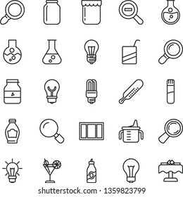 thin line vector icon set - matte light bulb vector, zoom out, measuring cup for feeding, mercury thermometer, e, window frame, magnifier, cocktail, jam, jar of, bottle, liquor, round flask