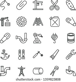 thin line vector icon set - scissors vector, safety pin, open, iron fork spoons, crane, tower, hook, adjustable wrench, hand saw, ladder, sewerage, gear, knife, anchor, clip, tin, water pipes, pipe