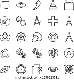 thin line vector icon set - clock face vector, plus, minus, clockwise, stacking toy, cogwheel, left bottom arrow, eye, delete page, porcini, plate, accumulator, gear, gears, scribed compasses, atom