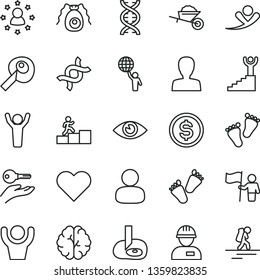 thin line vector icon set - woman vector, footprints, children's tracks, workman, garden trolley, heart, eye, man, dollar, dna, brain, bactery, artifical insimination, carrer stairway, winner, flag