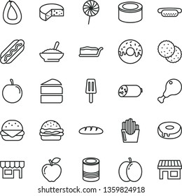 thin line vector icon set - kiosk vector, sausage, stick of, cheese, loaf, canned goods, tin, Hot Dog, mini, big burger, piece cake, slice, with a hole, glazed, bowl buckwheat porridge, chicken leg