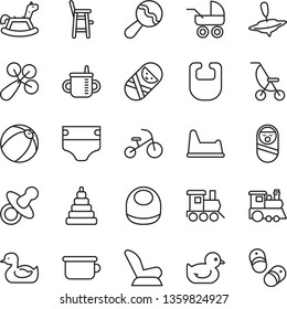 thin line vector icon set - dummy vector, mug for feeding, diaper, bib, baby, beanbag, rattle, car child seat, carriage, summer stroller, rubber duck, duckling, bath ball, stacking toy, tumbler, a