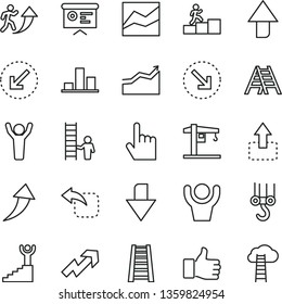 thin line vector icon set - upward direction vector, downward, growth up, line chart, crane, winch hook, stepladder, ladder, left bottom arrow, index finger, move, right, financial report, man, with