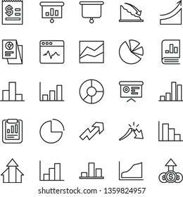 thin line vector icon set - growth up vector, pie chart, bar, line, negative histogram, positive, cardiogram, recession, a crisis, statistical report, article on the dollar, ring diagram, charts